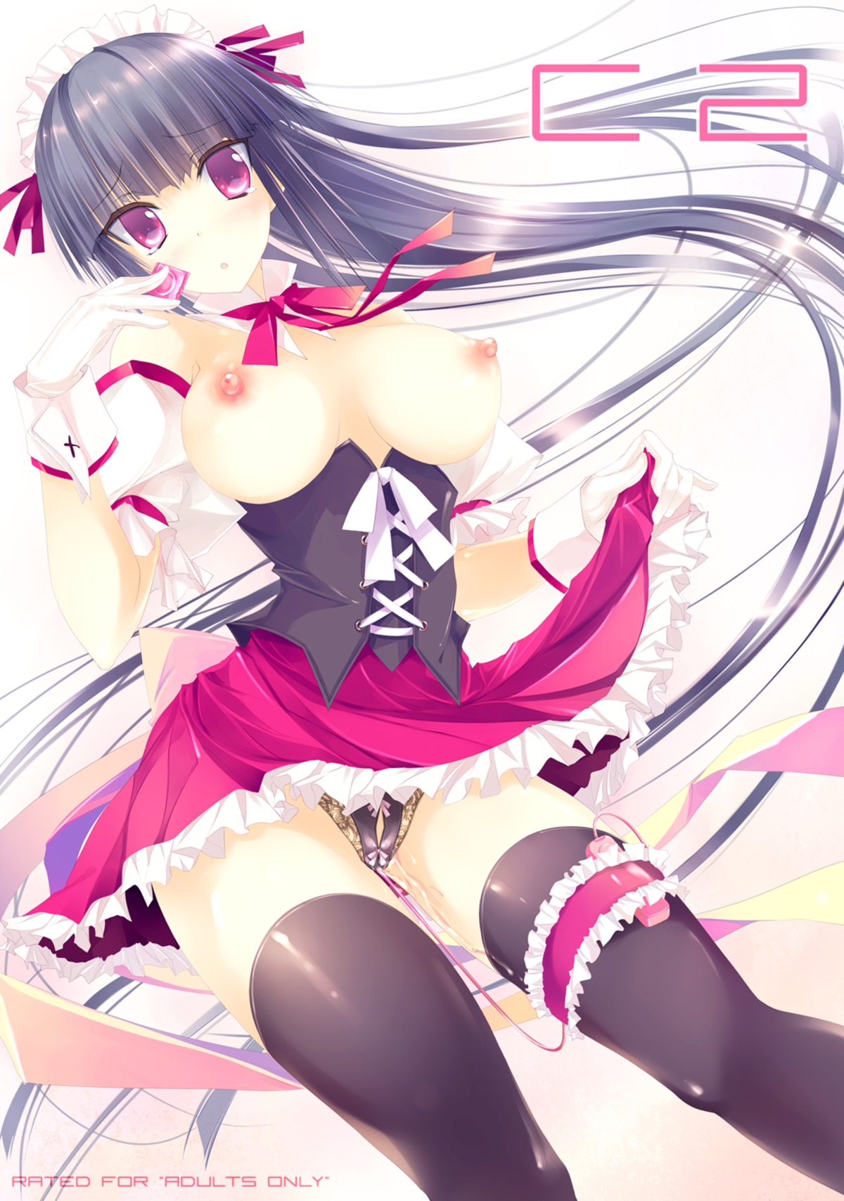 1girls absurdres bare_shoulders black_hair black_legwear black_thighhighs blush breasts condom corset erect_nipples female gloves high_resolution highres leg_garter long_hair maid maid_headdress nipples no_bra original panties purple_eyes pussy pussy_juice red_eyes rule34 skirt solo thighhighs underwear very_long_hair vibrator vibrator_under_panties yudesoba