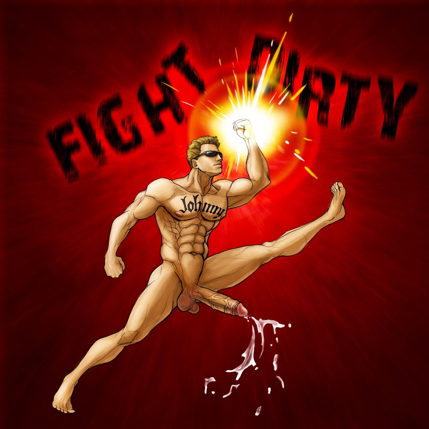 1boy abs arm_up artist_request balls blonde_hair cumshot erect_penis excessive_cum human johnny_cage large_balls leg_up legs_apart male male_only mortal_kombat nude penis rule34 solo spread_legs sunglasses tattoo veiny_penis