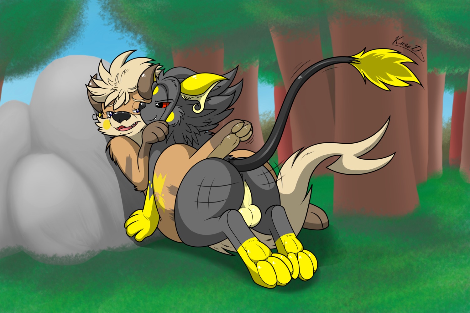 3:2 alternate_color anal anal_penetration anthro anus balls duo e621 fan_character generation_1_pokemon genitals growlchu growlithe hair hi_res hybrid kuroodod kuroodod_(character) legs_up male male/male male_penetrated male_penetrating male_penetrating_male mammal nintendo penetration pokemon pokemon_(species) raichu rodent sex tail