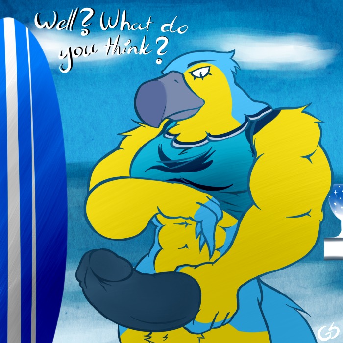 1:1 abs accipitrid accipitriform animal_crossing animal_genitalia anthro avian balls beak biceps big_balls big_muscles big_penis biped bird black_penis blue_body blue_eyes bottomless clothed clothing clothing_lift e621 eagle english_text erection feathers genitals glaciersnow huge_penis humanoid_genitalia humanoid_penis hyper hyper_genitalia hyper_penis keaton_(animal_crossing) male muscular muscular_anthro muscular_male nintendo non-mammal_balls outside pecs penis pose presenting sheath shirt shirt_lift solo standing surfing tank_top text thick_penis topwear yellow_body