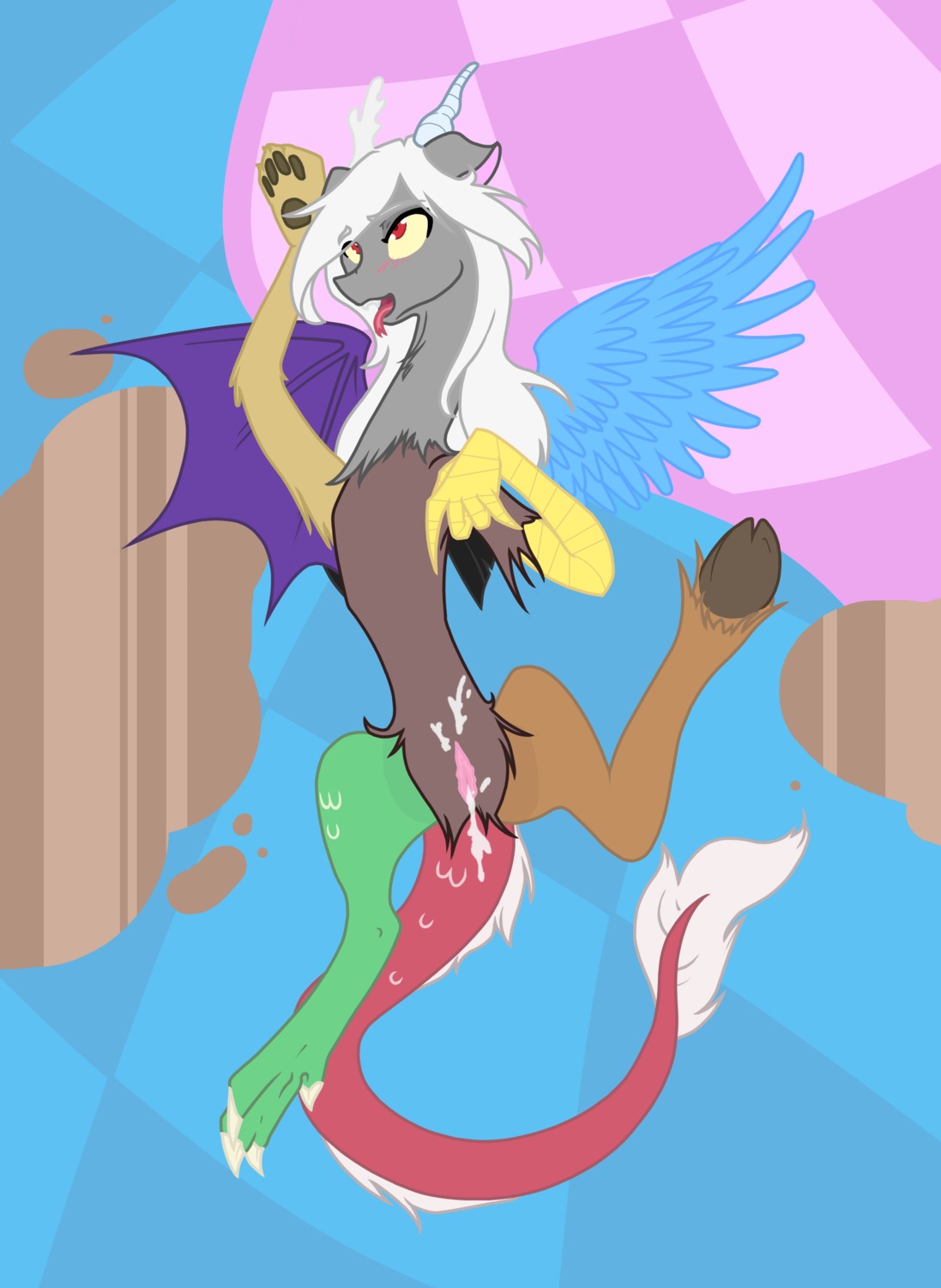 2012 absurd_res after_sex antlers blue_body blue_feathers blush bodily_fluids chimera crossgender cum cum_in_vagina cum_inside discord_(mlp) draconequus e621 feathered_wings feathers female friendship_is_magic fucked_silly genital_fluids genitals hair hasbro hi_res horn makosushi membrane_(anatomy) membranous_wings mismatched_wings mtf_crossgender my_little_pony red_eyes solo tail tail_tuft teeth tuft vulva wings