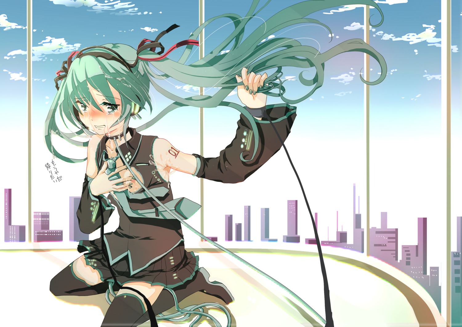1girl aqua_eyes aqua_hair arm_warmers blush detached_sleeves female green_eyes green_hair hair_ribbon hatsune_miku headset highres long_hair necktie ribbon rule34 skirt solo tear tears thigh_boots thighhighs twintails very_long_hair vocaloid