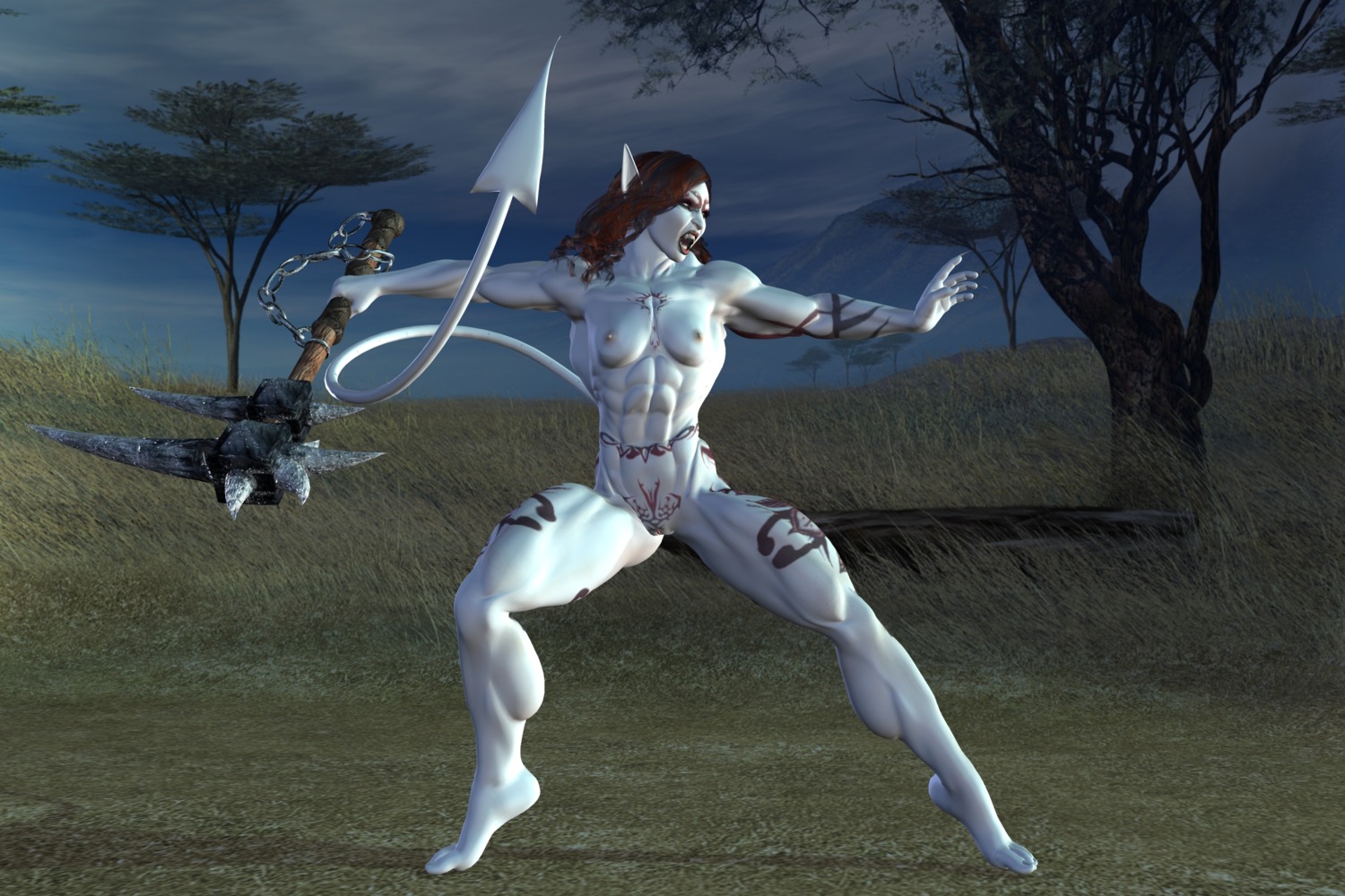 3:2 annonymouse big_muscles demon e621 fangs felid female hi_res huge_muscles lion mammal muscular muscular_female pantherine solo tail teeth weapon white_body white_skin