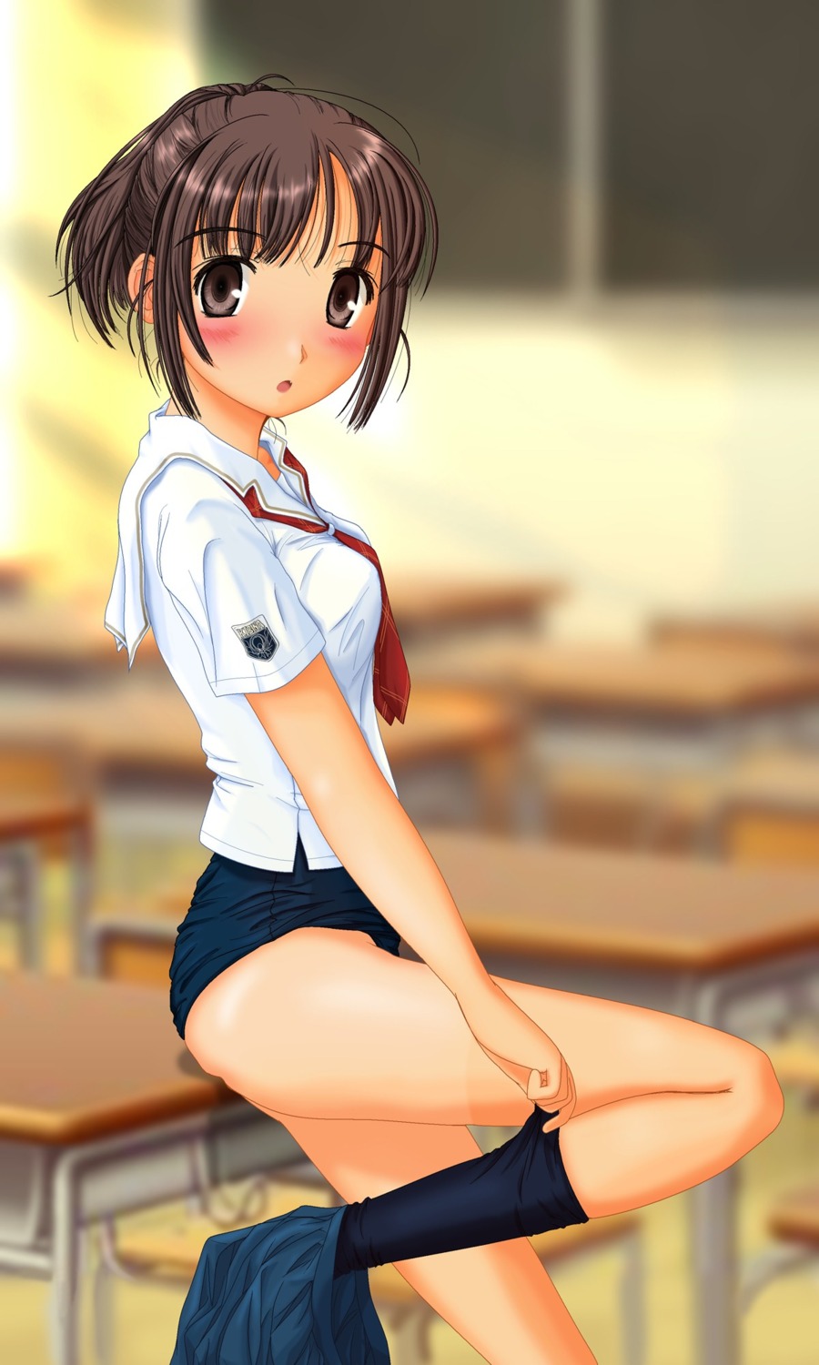 female highres kimi_kiss no_pants one-piece_swimsuit rule34 sakino_asuka school_swimsuit school_uniform seifuku serafuku shiukichi skirt_pull solo swimsuit swimsuit_under_clothes undressing