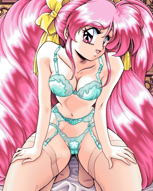 1girls 90s arm_support bed bra breasts cleavage drill_hair elf_(company) female game_cg garter_belt garter_straps green_bra green_panties hair_ribbon kneeling lace lace_bra lace_panties leaning_forward lingerie long_hair oldschool panties pink_hair pink_legwear pink_thighhighs purple_eyes ribbon ribbons rule34 shangrlia_2 solo takei_masaki thighhighs twin_drills underwear very_long_hair yooko_(shangrlia)