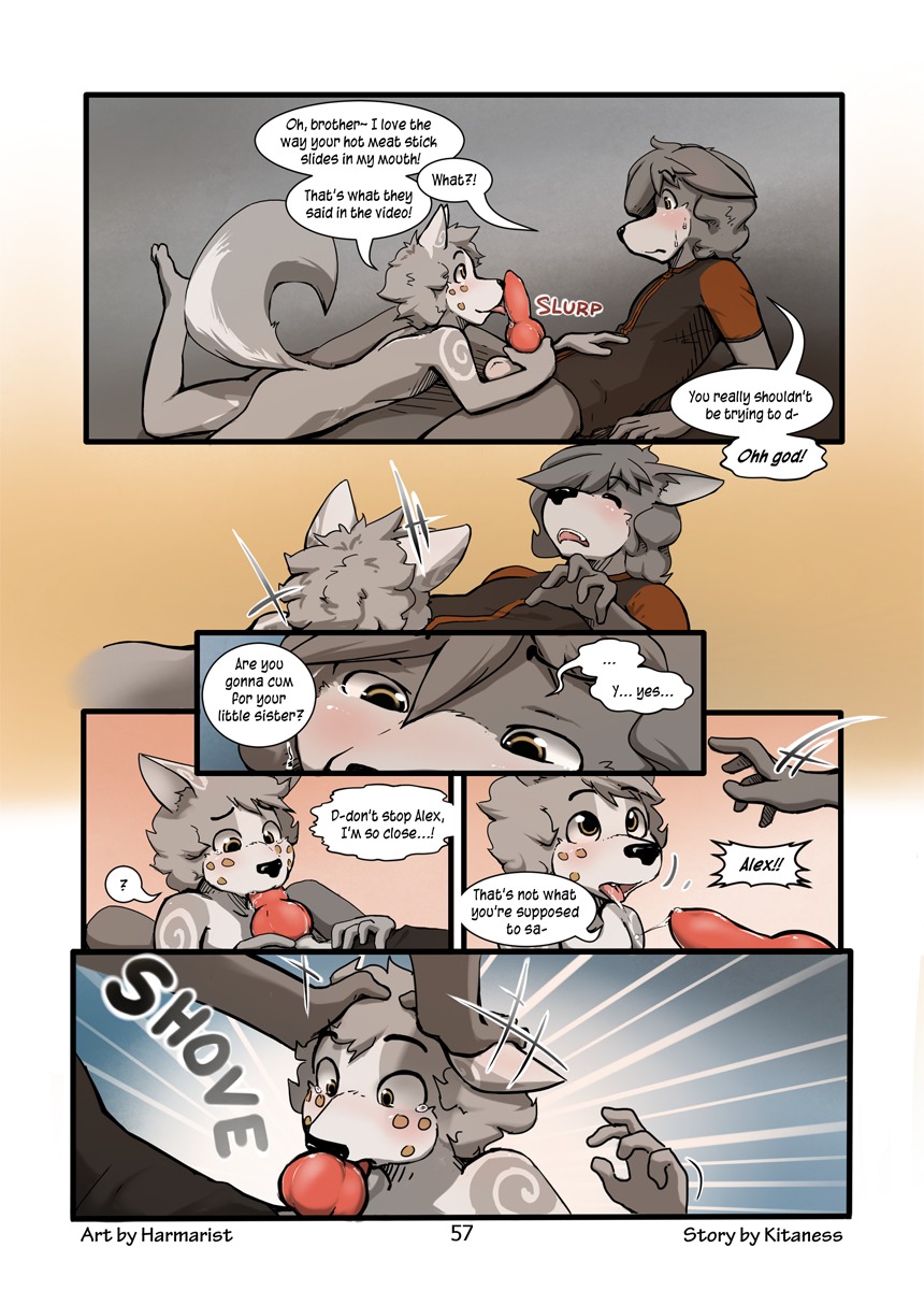 adolescent adolescent_on_child age_difference alex_(harmarist) anthro anthro_on_anthro anthro_penetrated anthro_penetrating anthro_penetrating_anthro balls begging_not_to_stop biped blush bodily_fluids bottomless bottomless_anthro bottomless_male brother_(lore) brothers_(lore) canid canine canis child clothed clothing comic dialogue dirty_talk duo e621 ears_down english_text erection fangs fellatio forced forced_oral fur genital_fluids genitals hand_on_head harmarist head_grab hi_res imminent_ejaculation imminent_orgasm incest_(lore) inexperienced intraspecies knot larger_male licking looking_at_another looking_at_relative looking_at_sibling looking_pleasured male male/male male_penetrated male_penetrating male_penetrating_male mammal multiple_scenes nervous nude nude_anthro nude_male number older_brother older_male older_sibling oral oral_penetration page_number penetration penile penis penis_in_face penis_lick pivoted_ears porn_dialogue precum question_mark questionable_consent raised_tail rape saliva secretly_loves_it sex sexual_awakening sheath_and_knife shirt shocked sibling_(lore) size_difference smaller_male smaller_penetrated so_close surprised sweat tail tears teeth text tongue tongue_out topwear virgin will_(harmarist) wolf young young_anthro young_male younger_male younger_penetrated zipper