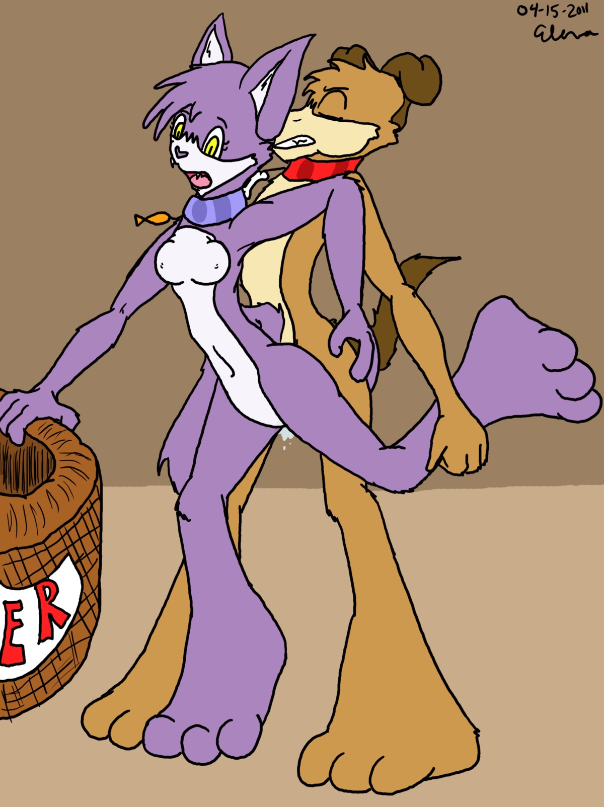 absurd_res anthro boobytrapzap breasts canid canine canis domestic_cat domestic_dog duo e621 felid feline felis female from_behind_position grape_jelly_(housepets!) hi_res housepets! male male/female mammal peanut_butter_(housepets!) sex tail