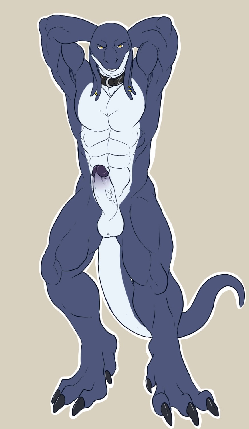 4_toes abs anthro arody balls bangaa biceps big_muscles big_penis biped blue_body blue_skin claws clenched_teeth collar collar_only e621 erection fangs feet final_fantasy flexing foreskin genitals grin hands_behind_head hi_res humanoid_genitalia humanoid_penis looking_at_viewer male muscular muscular_anthro muscular_male non-mammal_balls nude paws pecs penis pose presenting retracted_foreskin scales simple_background smile solo square_enix standing tail teeth thrakos toe_claws toes vein yellow_eyes