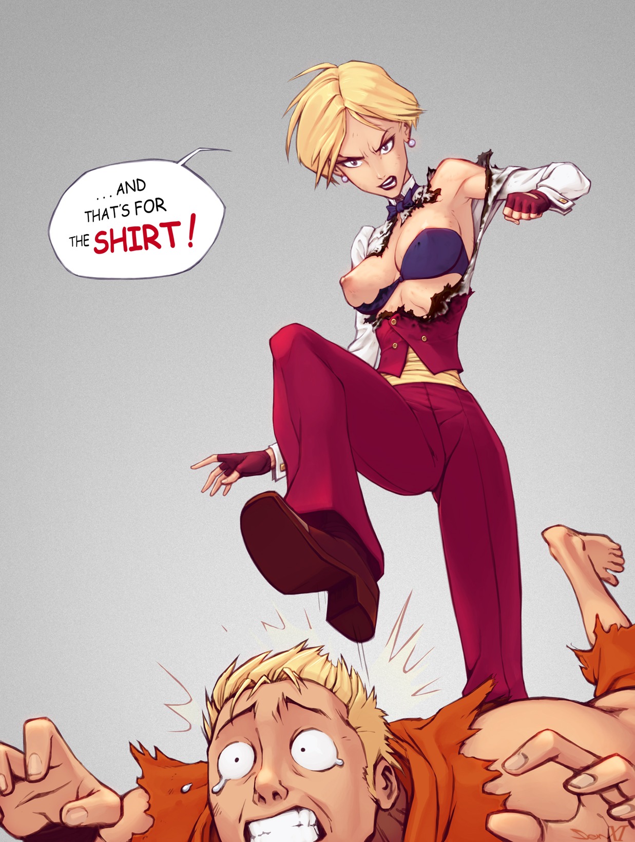 1boy armpits art_of_fighting blonde_hair bottomwear bra breast_slip breasts burn_mark canonical_scene clenched_teeth clothing earrings evilash female fingerless_gloves footwear freideugoi gloves handwear human humiliation jewelry kicking king_(snk) king_of_fighters large_breasts male nipples one_breast_out pants rule34 ryo_sakazaki sash short_hair snk stomping tagme topless topwear torn_bra torn_clothes torn_shirt tuxedo underwear