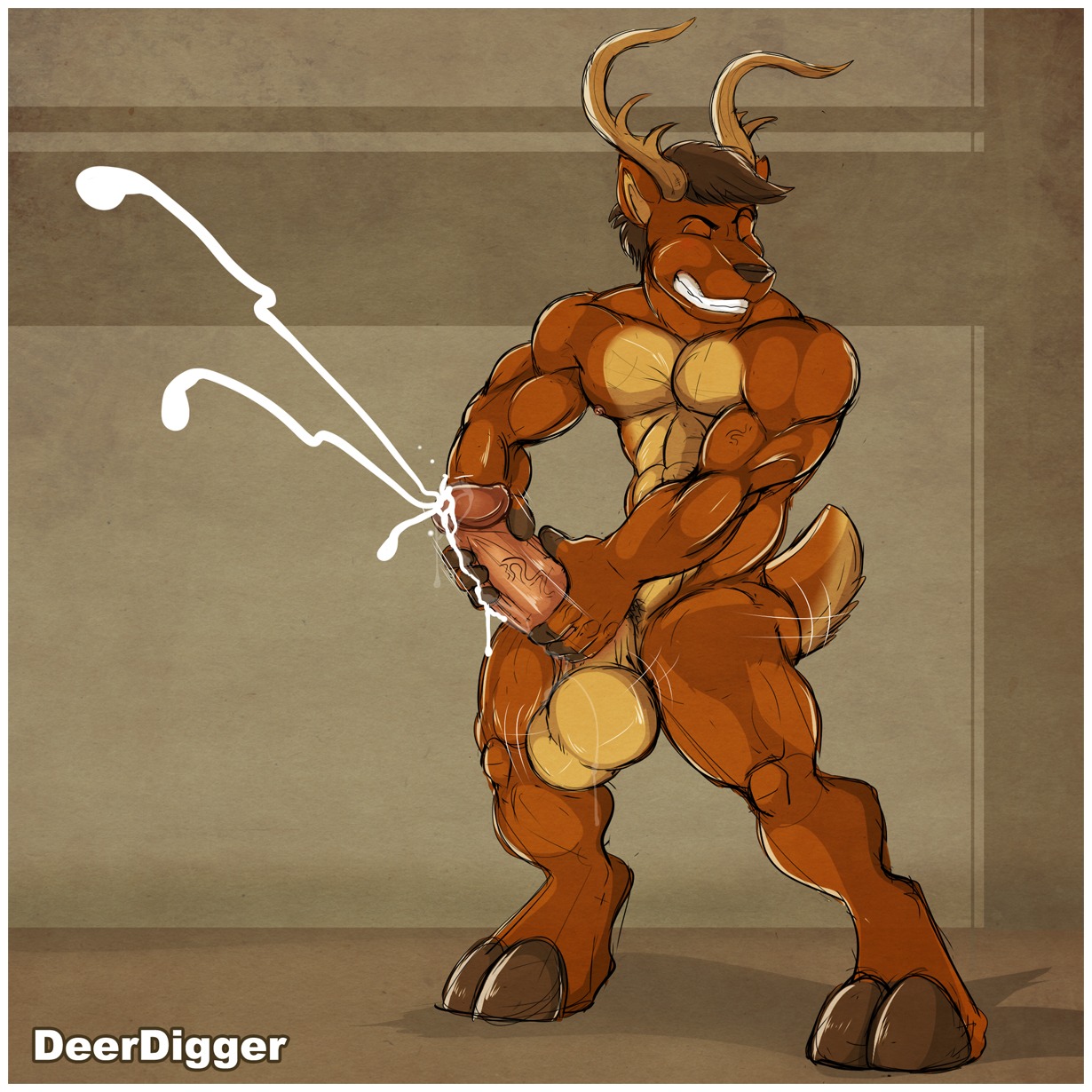 1:1 aaron_(artist) abs anthro antlers balls biceps big_balls big_penis biped bodily_fluids border brown_body brown_fur brown_hair brown_nose clenched_teeth cum cum_on_penis cum_string cumshot deer deerdigger digital_media_(artwork) e621 ejaculation erection eyes_closed fangs fur genital_fluids genitals hair hi_res hooves horn humanoid_genitalia humanoid_penis male mammal masturbation muscular muscular_anthro muscular_male nipples nude orgasm pecs penile penile_masturbation penis pose solo standing tan_body tan_fur teeth thick_penis vein white_border
