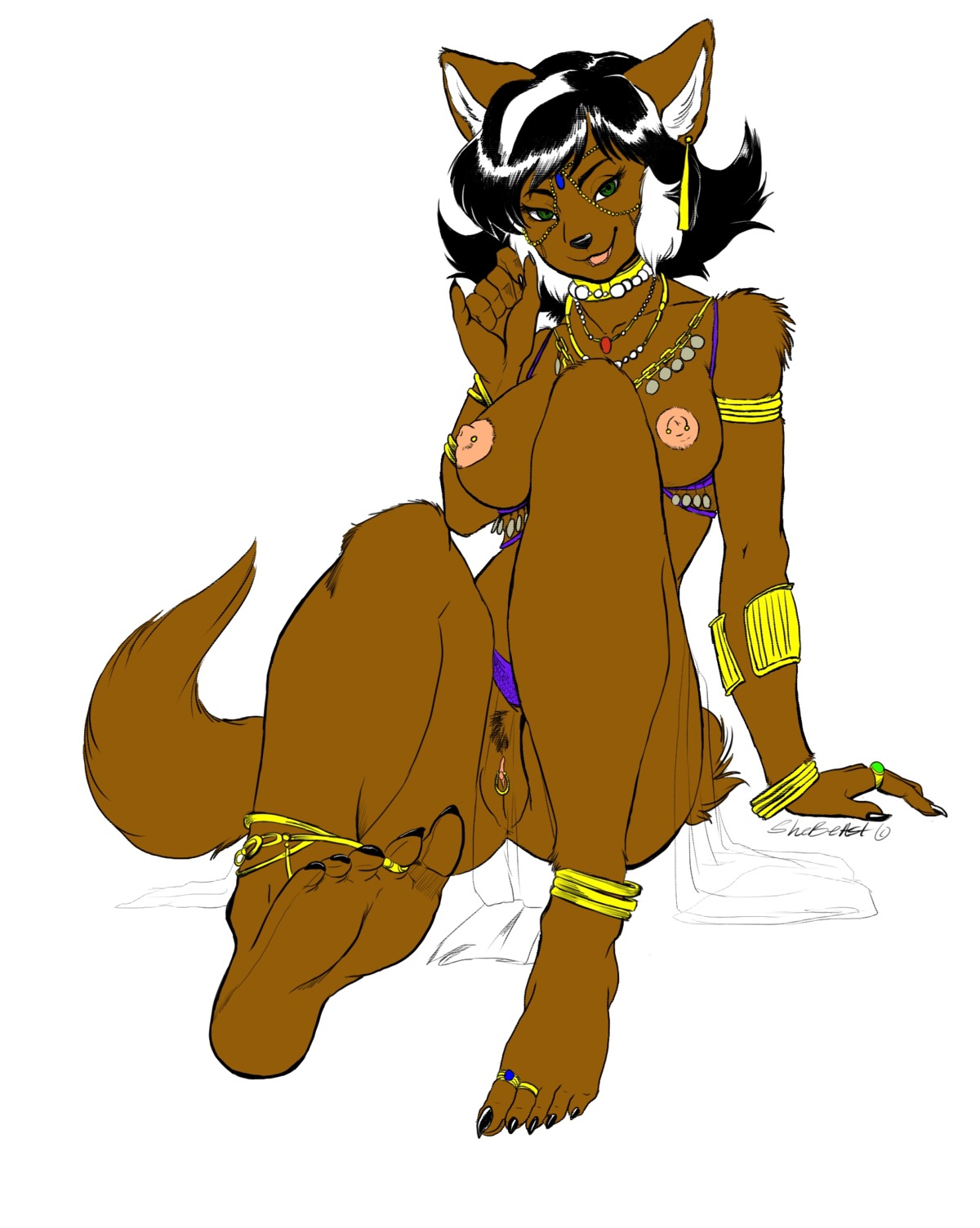 5_toes anthro barefoot big_breasts black_hair breasts brown_body brown_fur claws clitoris clitoris_piercing color_edit colored e621 feet felid felina_feral female fur gem genital_piercing genitals gold_(metal) green_eyes hair hanna-barbera harem harem_outfit hi_res hindpaw humanoid_feet inviting jewelry lace leaning leaning_backward mammal nipple_piercing nipples paws pearl_(gem) piercing plantigrade pubes shebeast simple_background smile soles solo swat_kats third-party_edit toe_claws toes veil vulva vulva_piercing white_background