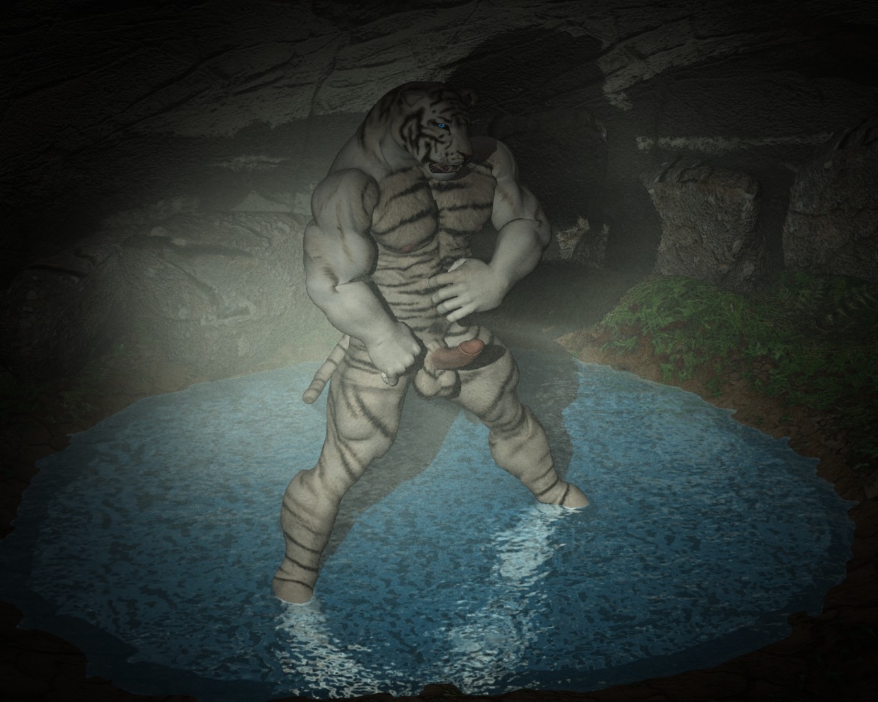3d_(artwork) 5:4 abs animal_genitalia anthro athletic balls biceps big_muscles biped black_body black_fur blue_eyes digital_media_(artwork) e621 erection fangs felid fur genitals humanoid_genitalia humanoid_penis iomar leucistic male mammal markings muscular muscular_anthro muscular_male nipples nude open_mouth pantherine pecs penis pink_nose pose presenting sheath solo standing stripes teeth tiger tongue water wet whiskers white_body white_fur