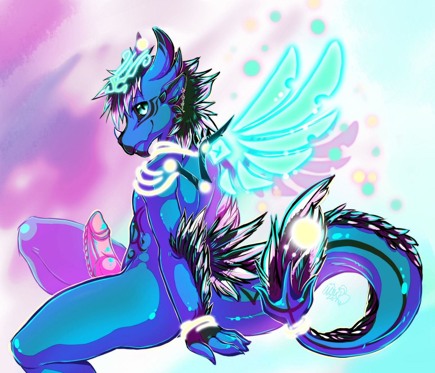 2014 anthro bioluminescence biped black-rose-exterio black_sclera blue_body blue_skin butt dragon e621 ear_piercing effulgent_dragon energy erection exterio feathers genitals glowing grin hair happy hi_res horn inuki knot looking_at_viewer male mythological_creature mythological_scalie mythology nude penis piercing reptile scales scalie short_hair simple_background sitting smile solo star tail wings