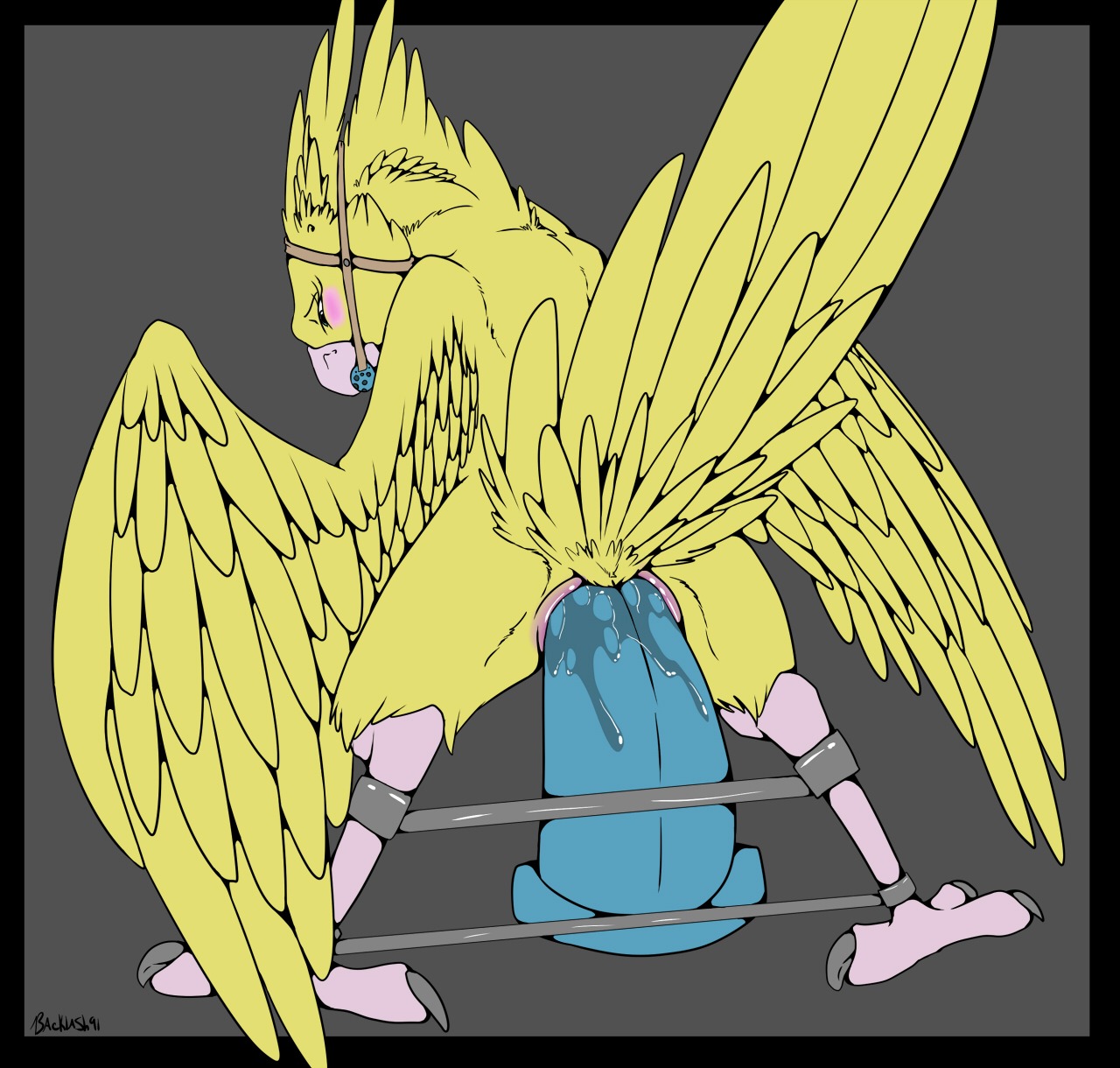 2014 ambiguous_gender anal anal_masturbation animal_genitalia avian avian_feet backlash91 ball_gag bdsm beak big_dildo bird black_border blush bodily_fluids bondage border bound chocobo claws cloaca cloaca_juice cloacal cloacal_penetration conditional_dnp digital_media_(artwork) dildo dildo_in_cloaca dildo_sitting e621 feathered_wings feathers feral final_fantasy gag gagged genital_fluids genitals halter harness harness_ball_gag harness_gag hi_res masturbation muzzle_(object) muzzled penetration restraints sex_toy sex_toy_in_cloaca sex_toy_insertion simple_background solo spread_legs spreader_bar spreading square_enix submissive submissive_ambiguous toe_claws toying_self wings