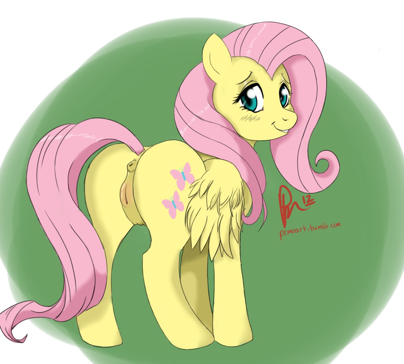 2012 anus butt e621 equid equine feathered_wings feathers female feral fluttershy_(mlp) friendship_is_magic genitals green_eyes hasbro hi_res looking_at_viewer looking_back mammal my_little_pony mythological_creature mythological_equine mythology nude pegasus presenting presenting_hindquarters primoart quadruped solo standing tail teats vulva wings yellow_body yellow_feathers