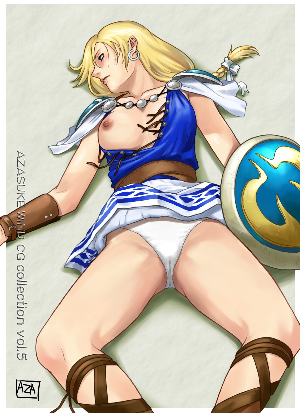 azasuke blonde_hair braid breasts clothes earrings female female_only highres human jewelry milf ribbon rule34 shield solo sophitia_alexandra soul_calibur torn_clothes