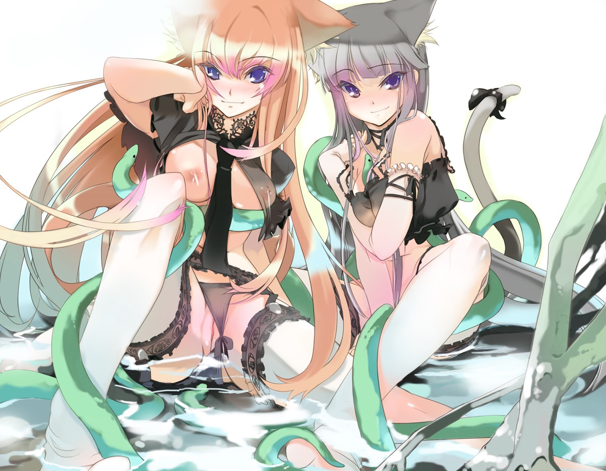 animal_humanoid aquatic armwear blonde_hair blue_eyes blush breasts cat_humanoid cat_tail cleavage clothed clothing domestic_cat duo e621 eel elbow_gloves exposed felid felid_humanoid feline feline_humanoid felis female fish genitals gloves grey_hair hair handwear humanoid legwear long_hair looking_at_viewer mammal mammal_humanoid maruku nipples one_breast_out panties reptile scalie skimpy smile snake tail thigh_highs translucent translucent_clothing underwear vulva wallpaper water