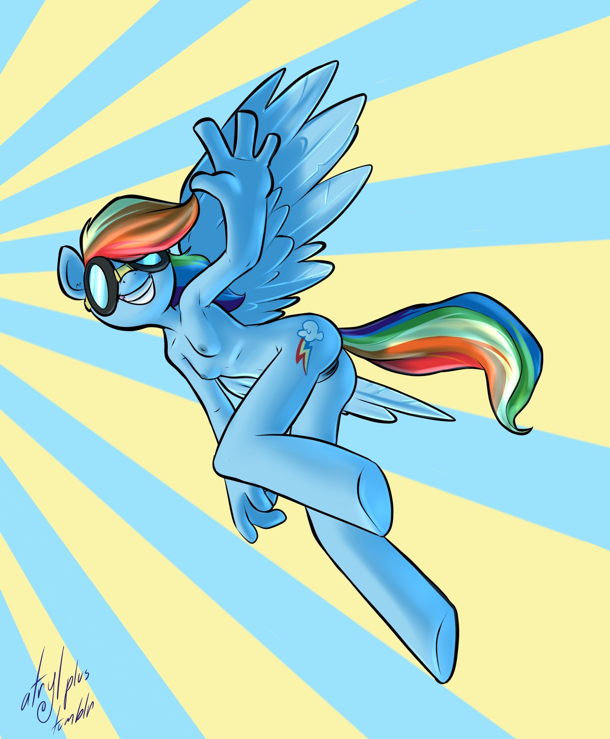 2012 anthro anthrofied atryl blue_body blue_feathers blue_fur breasts butt cutie_mark digital_media_(artwork) e621 equid equine feathered_wings feathers female friendship_is_magic fur genitals hair hasbro hi_res looking_at_viewer mammal multicolored_hair multicolored_tail my_little_pony mythological_creature mythological_equine mythology nipples nude pegasus rainbow_dash_(mlp) rainbow_hair rainbow_tail solo tail vulva wings