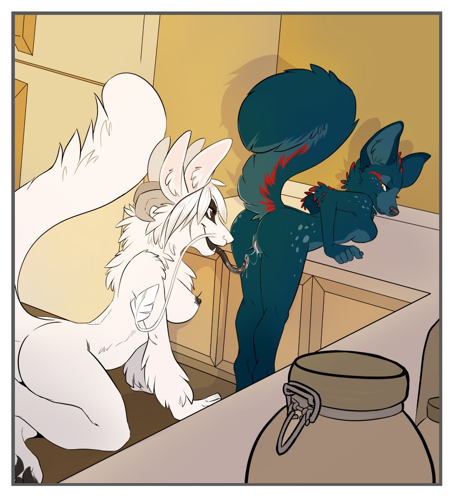 all_fours anthro anthro_on_anthro bent_over black_body black_fur black_nipples black_nose black_pawpads black_tongue bodily_fluids border breasts butt canid canine container cunnilingus demicoeur digital_media_(artwork) dragon dripping duo e621 female female/female fluffy fluffy_tail fur fur_gauntlets furred_dragon furred_scalie genital_fluids genitals horn interspecies jar katia_(demicoeur) kitchen long_tongue looking_back mammal mythological_creature mythological_scalie mythology nhala_levee nipple_piercing nipples nude oral pawpads piercing raised_tail red_body red_fur scalie sex standing tail tongue tongue_out vaginal vaginal_fluid_drip vaginal_fluid_string vaginal_fluids vaginal_fluids_on_tongue vulva whiskers white_body white_border white_fur