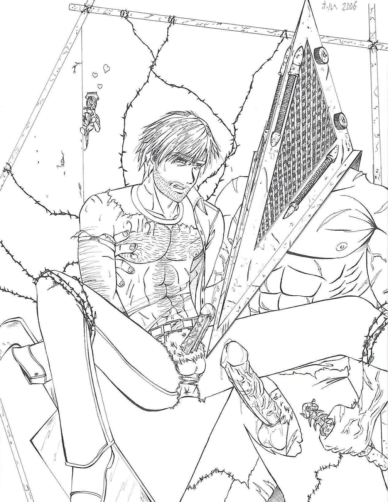 2boys barbed_wire gay henry_townshend male male_only monochrome penis pyramid_head rule34 silent_hill silent_hill_2 silent_hill_4 tagme torture yaoi