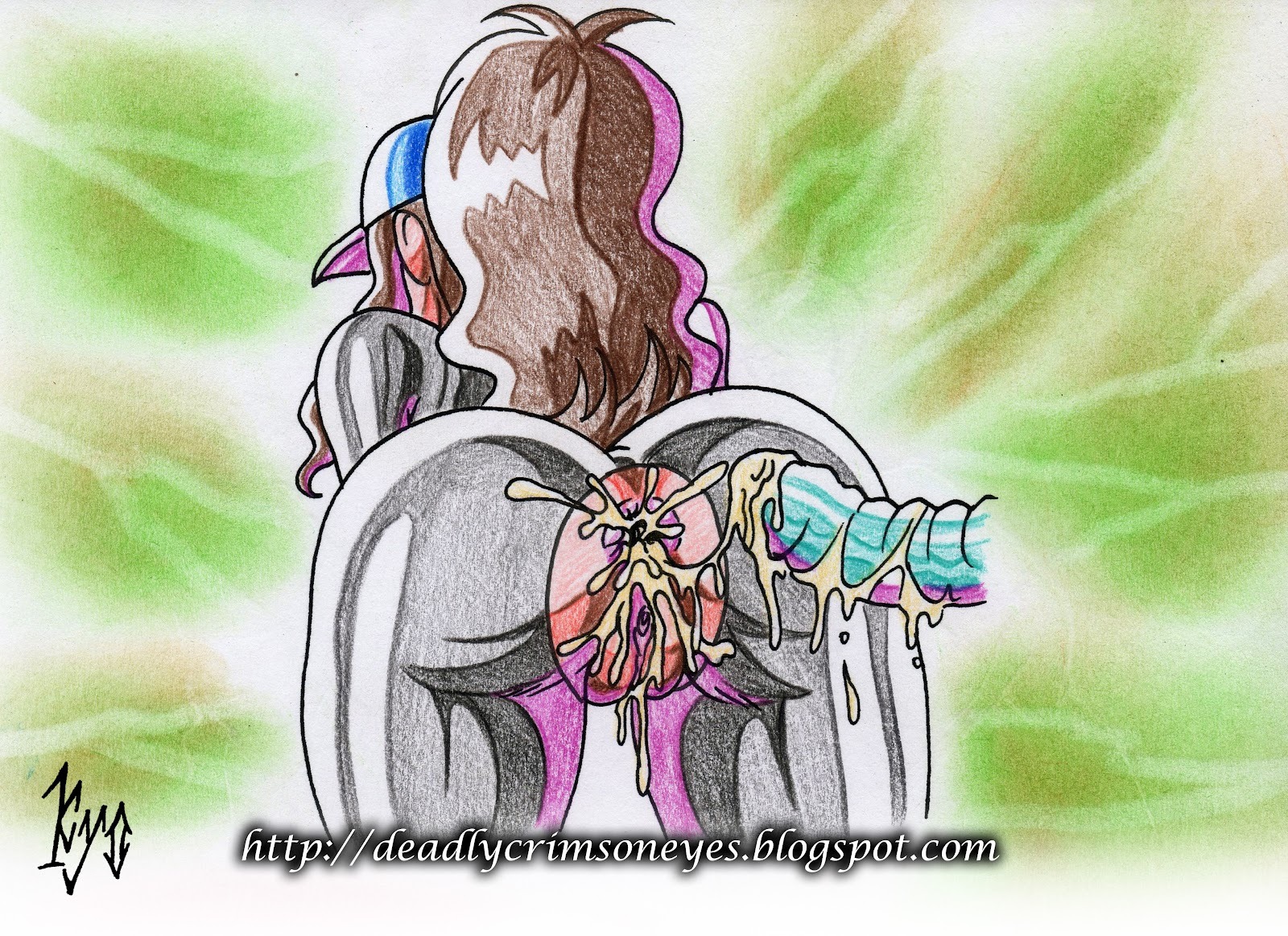 after_sex anus artificial_cum back_view bent_over clothes color colored_pencil_(artwork) crotchless cum dildo fake_cum female hand_drawn hilda_(pokemon) kyo-domesticfucker latex male nude penis pokemon pussy rule34 tagme vulva