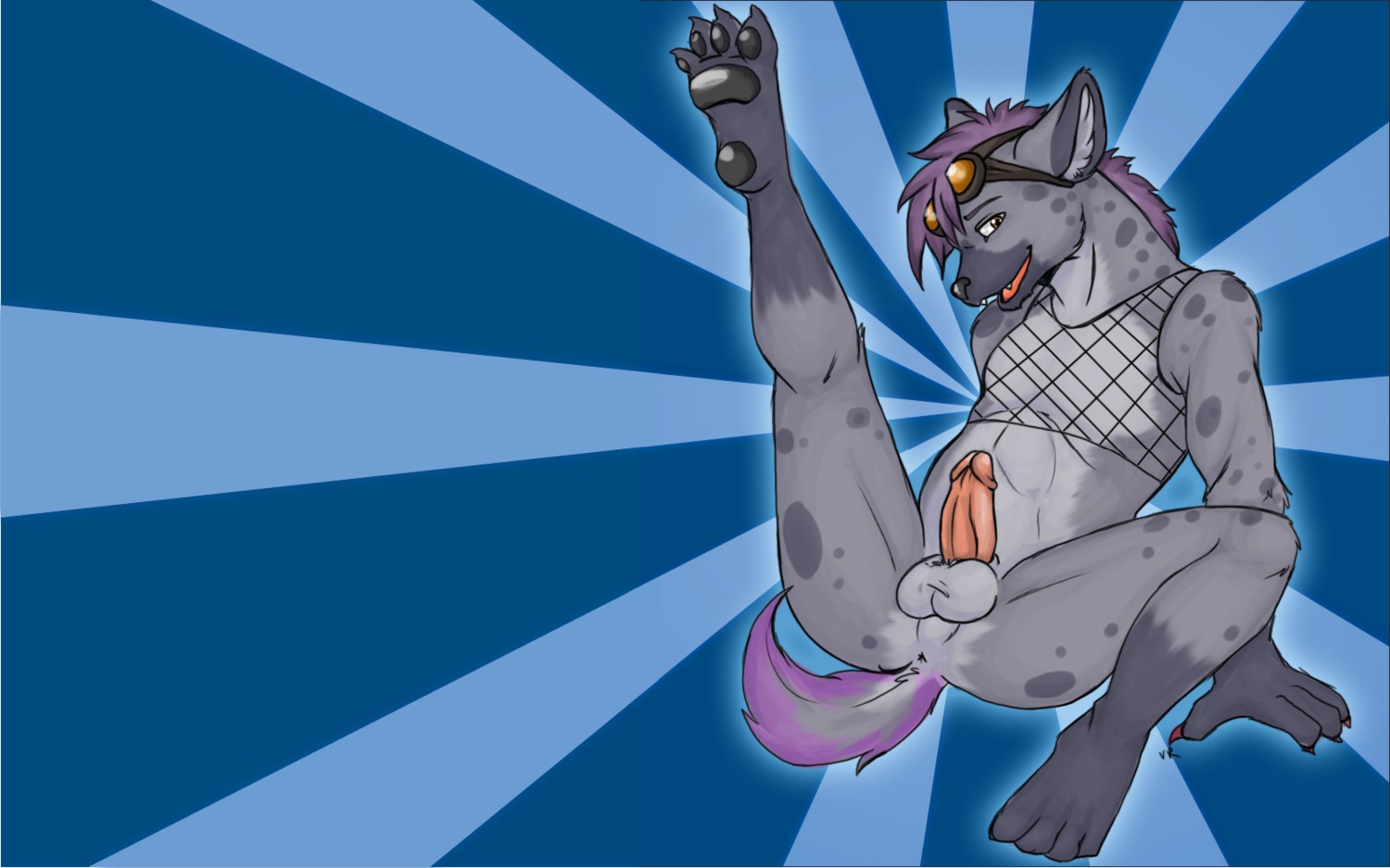 anthro anus biceps big_penis brown_eyes clothing e621 erection eyewear fishnet_clothing fishnet_topwear genitals goggles hi_res humanoid_genitalia humanoid_penis hyena looking_at_viewer male mammal muscular muscular_anthro muscular_male penis preyfar raised_leg solo spotted_hyena spread_legs spreading topwear unknown_artist wallpaper