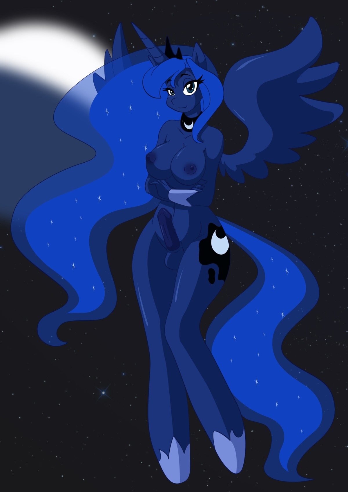 absurd_res anthro anthrofied balls biped blue_body blue_feathers breasts cutie_mark e621 equid equine erection feathered_wings feathers friendship_is_magic genitals gynomorph hair hasbro hi_res horn intersex long_hair mammal moon my_little_pony mythological_creature mythological_equine mythology night nude outside penis princess_luna_(mlp) smile solo star third-party_edit unknown_artist winged_unicorn wings