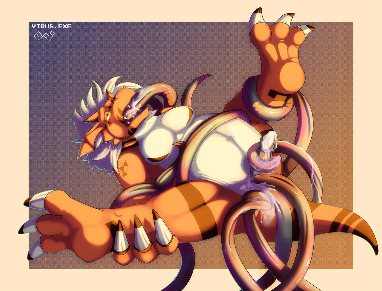3_toes anal anal_penetration bandai_namco bdsm blush bodily_fluids bondage bound claws cum cum_in_ass cum_inside cum_on_face digimon digimon_(species) digital_hazard digital_media_(artwork) double_penetration dragon e621 erection fangs feet genital_fluids genitals growlmon growlmon_(data) hair hindpaw horn male markings multiple_insertions mythological_creature mythological_scalie mythology nude oral oral_penetration overweight overweight_male paws penetration penis scalie slightly_chubby soles solo symbol tail teeth tentacles toe_claws toes triple_anal triple_penetration virus.exe
