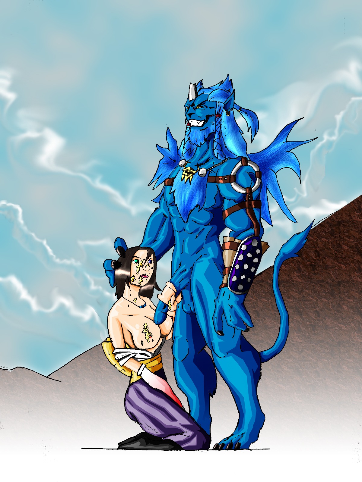 1boy 1girls 2d blue_fur female final_fantasy final_fantasy_x heterochromia kimahri male ronso rule34 tagme yuna