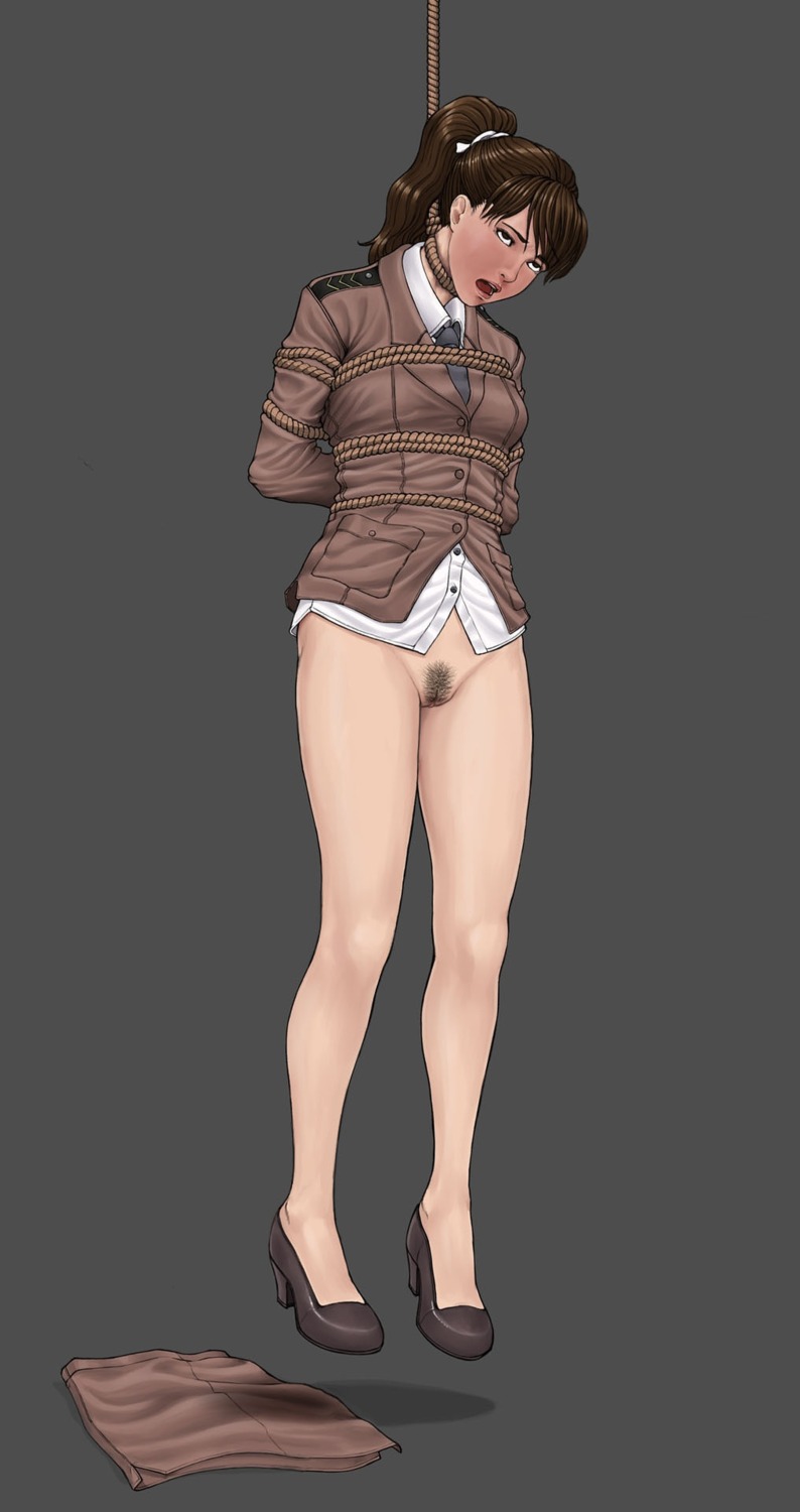 1girls asphyxiation brown_eyes brown_hair choked dead death execution female female_death female_only gore guro hairy_pussy hanged high_heels highres mei_ling_(metal_gear_solid) metal_gear metal_gear_solid mugensaku necktie noose open_mouth partially_clothed pubes pubic_hair pussy rope rope_bondage rule34 shoes simple_background solo solo_female tie uncensored uniform