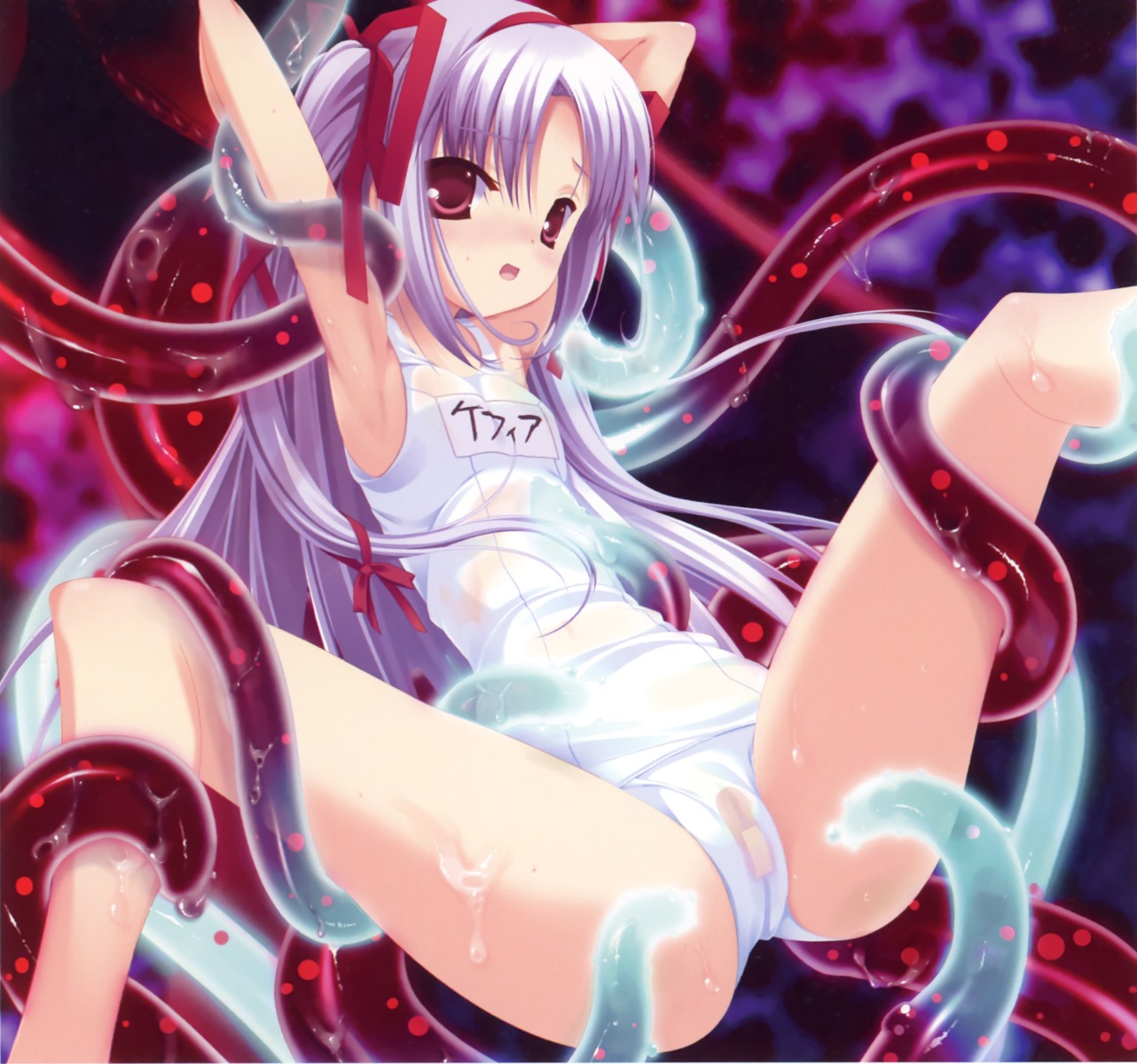 armpits arms_up bandaid bandaid_on_pussy female hagiwara_onsen highres long_hair momono_shiori one-piece_swimsuit purple_hair pussy red_eyes restrained ribbon rule34 school_swimsuit see-through smile spread_legs swimsuit tentacle tied_hair twintails very_long_hair wet wet_clothes white_school_swimsuit
