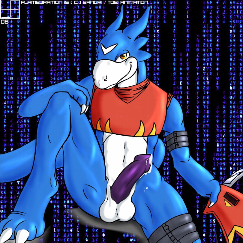 anthro balls blue_skin bottomless claws clothes color digimon erection flamedramon forsen_(artist) front_view male male_only mask penis precum rule34 sitting solo tagme tail testicles white_skin