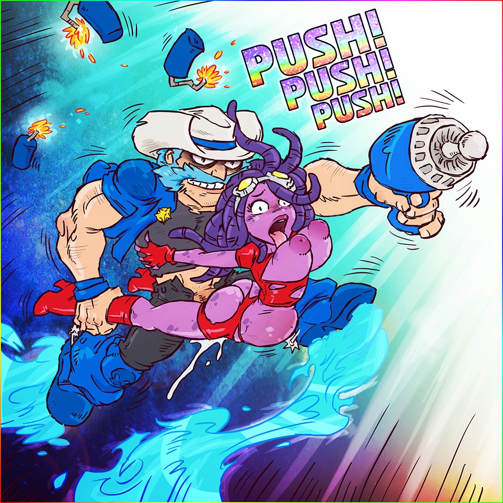 1:1 abdominal_bulge alien alien_humanoid awesomenauts big_breasts blaster blue_eyes breasts clothed clothing coco_nebulon cowboy_hat duo dynamite e621 explosives female hair hat headgear headwear heart_symbol human humanoid male mammal nipples non-mammal_nipples not_furry purple_hair sheriff_lonestar sparrow_(artist)