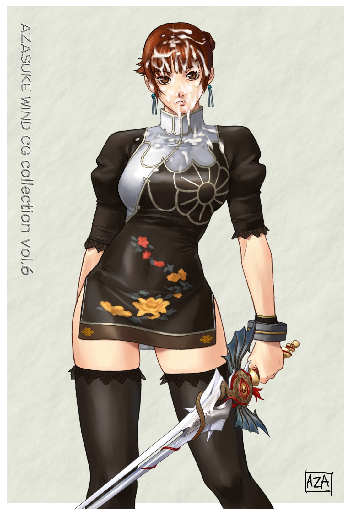 azasuke black_dress black_legwear black_thighhighs brown_eyes brown_hair chai_xianghua china_dress chinese_clothes cum cum_on_body cum_on_clothes cum_on_hair cum_on_upper_body cumdrip dress earrings facial female female_only highres human jewelry rule34 short_hair solo soul_calibur standing sword thighhighs weapon zettai_ryouiki