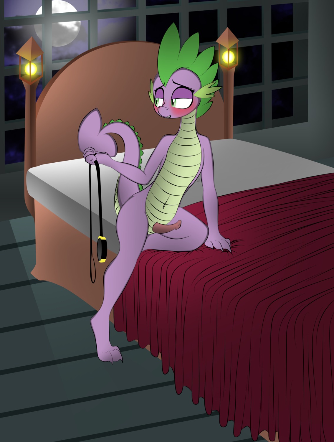 absurd_res aged_up animal_genitalia anthro anthrofied bed blush collar dragon e621 erection femboy friendship_is_magic furniture genital_slit genitals hasbro hi_res inviting leash looking_back male my_little_pony mythological_creature mythological_scalie mythology navel night offering_collar penis scalie solo spike_(mlp) tail v-d-k