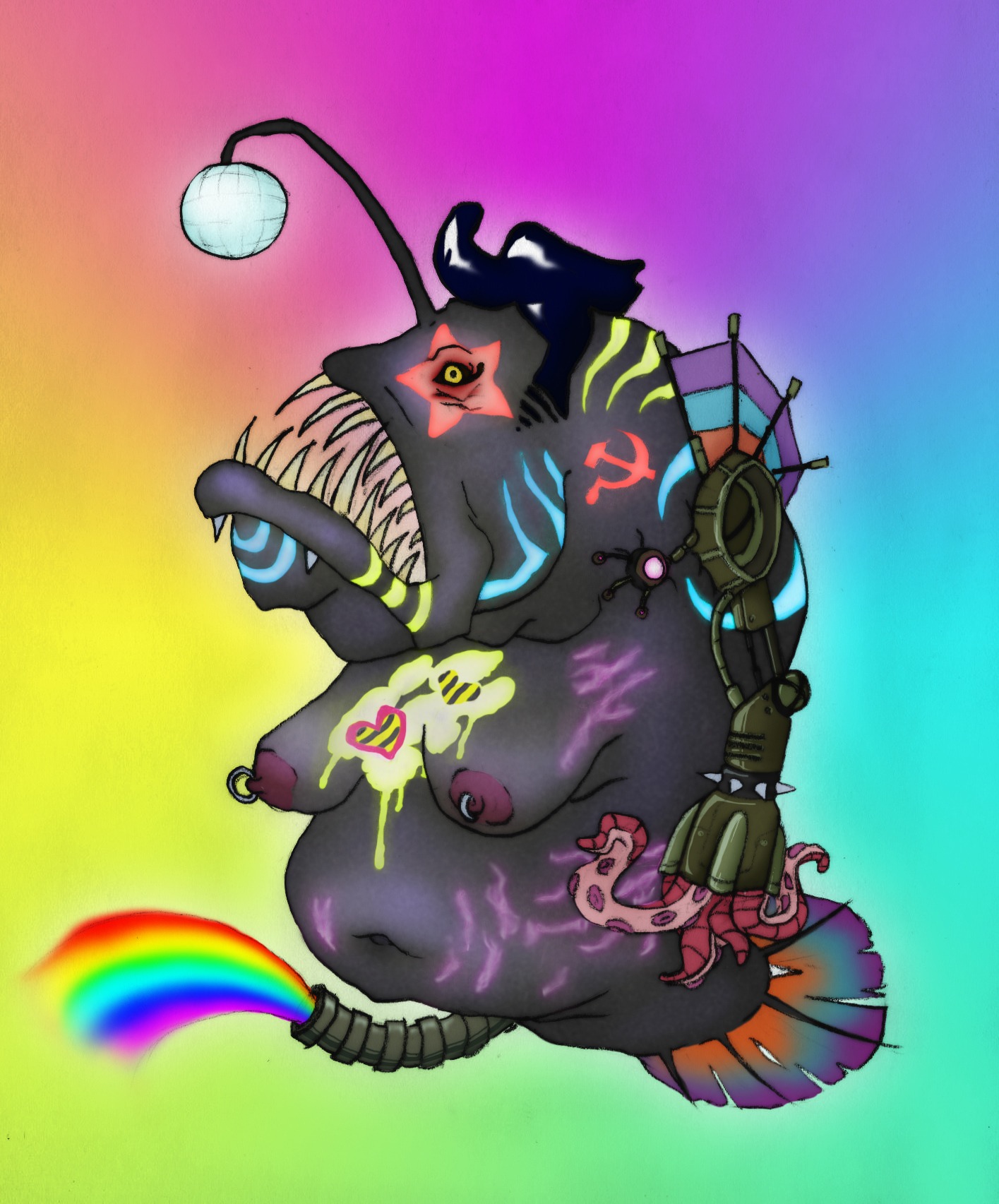 anglerfish aquatic communism cybernetic_arm cybernetic_limb cybernetics cyborg disco disco_ball e621 elvis_hair fish genitals gynomorph hammer_and_sickle hi_res intersex lure_(anatomy) machine metal_penis nightclub nipple_piercing nipples penis piercing politics prosthetic prosthetic_arm prosthetic_limb rainbow rainbow_background robot_arm sentient-zombie simple_background solo sparklefur sparkles what what_has_science_done why