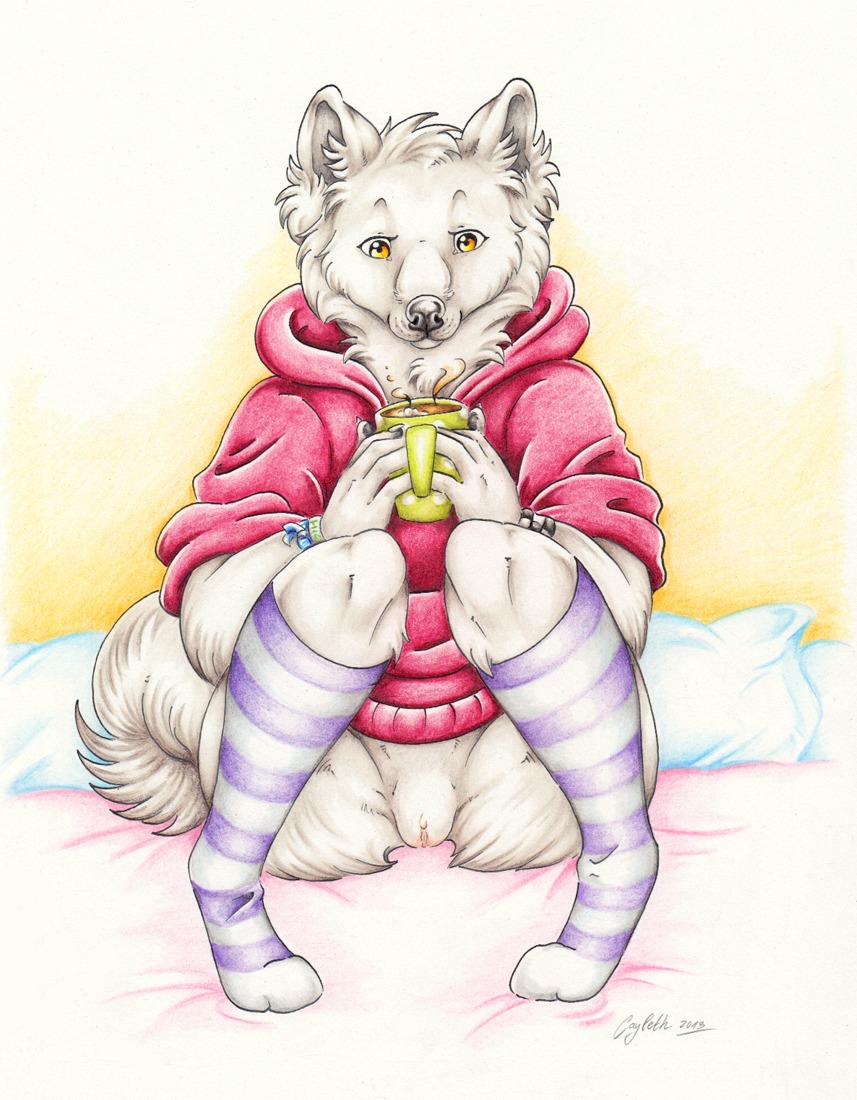 amber_eyes anthro arms_on_knees bed beverage bottomless bracelet candy canid canine canis cayleth chocolate clitoris clothed clothing container cup dessert domestic_dog e621 female fluffy food footwear fur furniture genitals holding_container holding_cup holding_object hoodie hot_chocolate jewelry knee_highs knee_socks legwear mammal marshmallow nordic_sled_dog orange_eyes pattern_clothing pattern_footwear pattern_legwear pillow relaxing samoyed socks solo spitz striped_clothing striped_footwear striped_legwear stripes topwear vulva white_body white_fur wristband