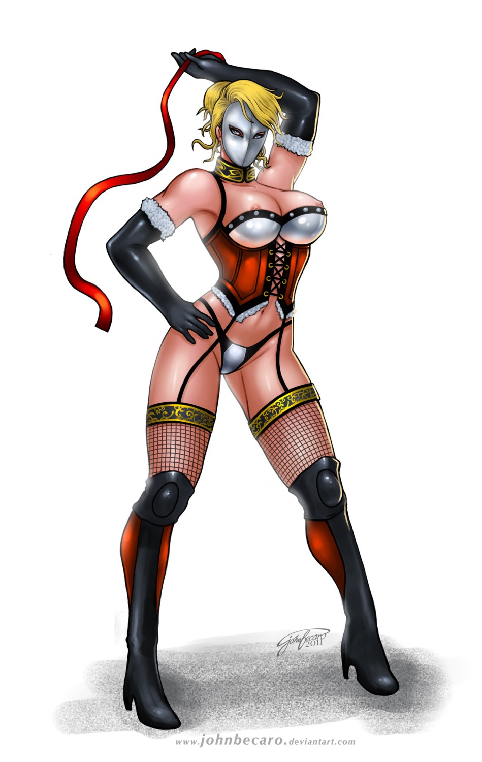 2011 breasts clothing elbow_gloves female female_only front_view holding_object human john_becaro knee_boots konami mask mistress_spencer muriel_spencer nipples pale_skin rule34 rumble_roses solo standing tagme thick thick_thighs