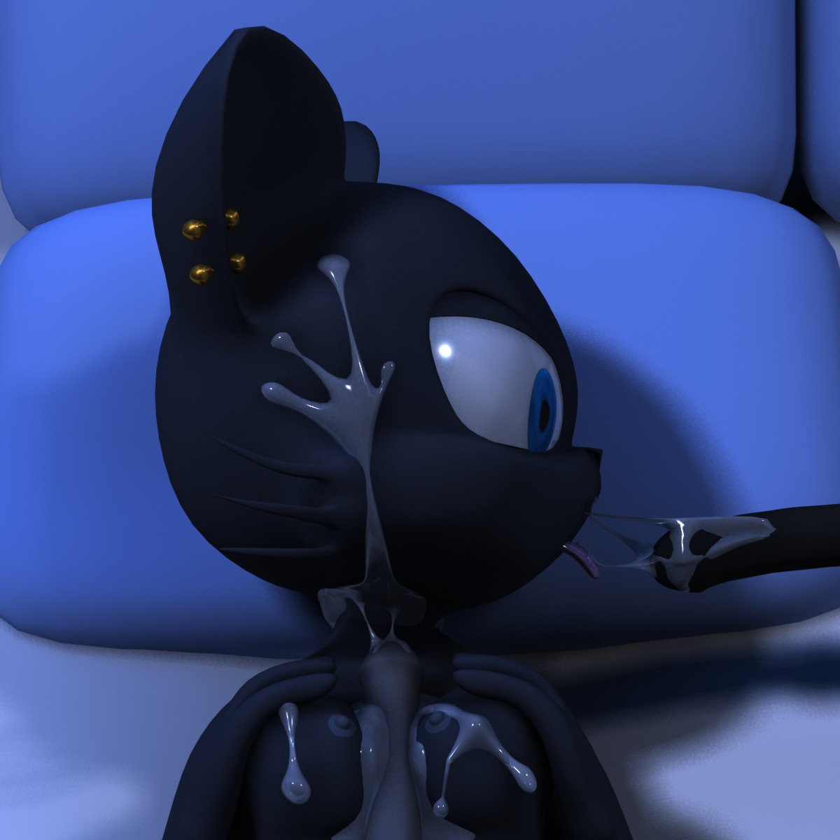 1:1 3d_(artwork) anthro black_body black_fur blue_eyes bodily_fluids breast_play breasts cum cum_between_breasts cum_in_mouth cum_inside cum_on_breasts cum_on_face cum_on_tongue cum_string destiny_(character) destiny_blackmoon digital_media_(artwork) disembodied_penis domestic_cat duo e621 ear_piercing erection felid feline felis female female_focus fur genital_fluids genitals hi_res male male/female mammal night nipples nude penis piercing sex solo_focus titfuck tongue