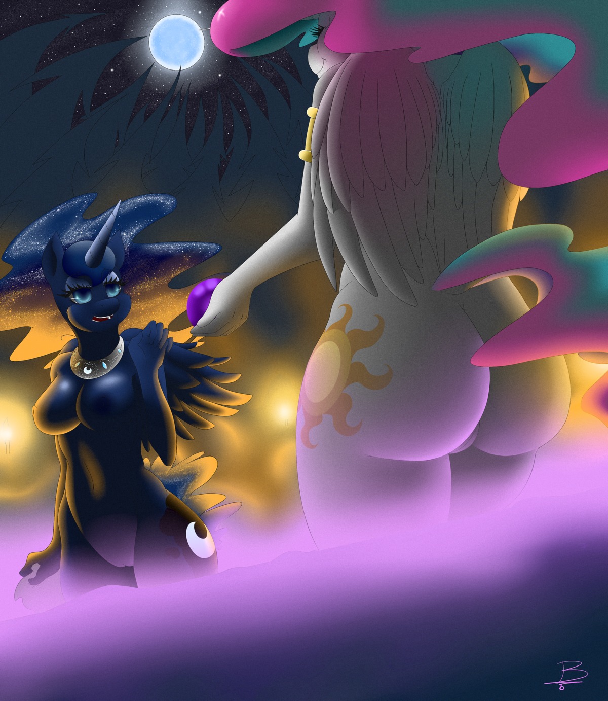 2014 absurd_res anthro anthrofied blue_body blue_eyes blue_fur breasts butt cutie_mark duo e621 equid equine eyelashes feathered_wings feathers female friendship_is_magic fur gear_(artist) genitals hair hasbro hi_res holding_object horn long_hair mammal moon my_little_pony mythological_creature mythological_equine mythology night nipples nude outside princess_celestia_(mlp) princess_luna_(mlp) sibling_(lore) sister_(lore) sisters_(lore) sky star starry_sky vulva white_body white_fur winged_unicorn wings