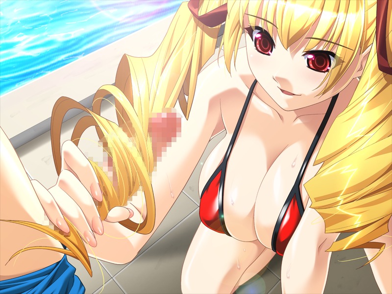 bikini blonde_hair breasts censored female fingernails game_cg hairjob handjob ino large_breasts mizugi oshioki oshioki_sweetie red_eyes rule34 shinmeiji_rinn sweetie swimsuit