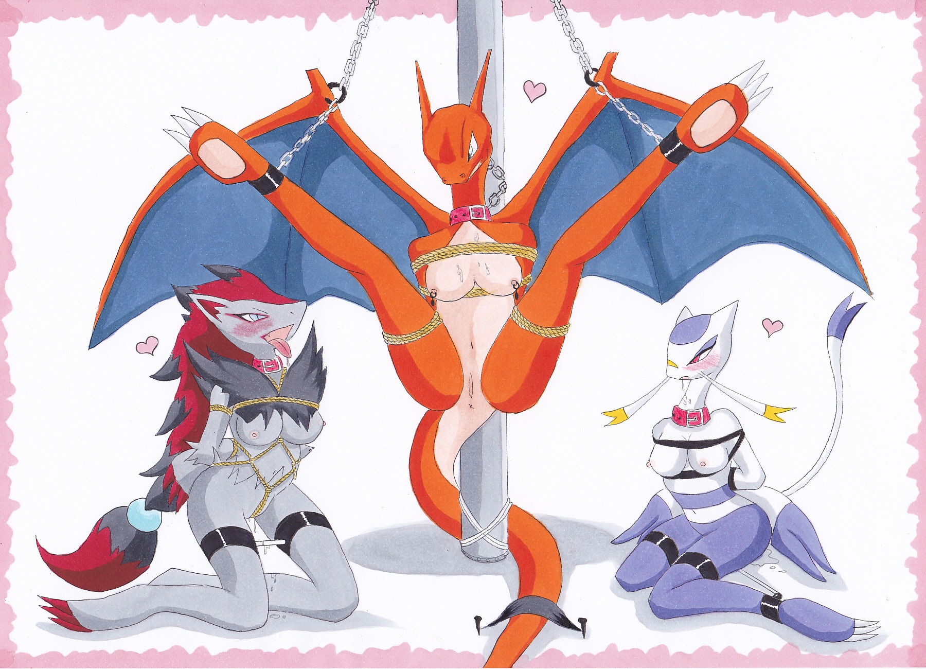 anthro anus bdsm bodily_fluids bondage bound breasts canid canine chain charizard claws collar digidredg dragon e621 female generation_1_pokemon generation_5_pokemon genital_fluids genitals group hands_behind_back heart_symbol hi_res kneeling mammal membrane_(anatomy) membranous_wings mienshao mythological_creature mythological_scalie mythology navel nintendo nipple_piercing nipples open_mouth orange_body orange_skin piercing pokemon pokemon_(species) pole restraints rope scalie sitting spread_legs spreader_bar spreading tail tongue tongue_out vaginal_fluids vulva wings zoroark