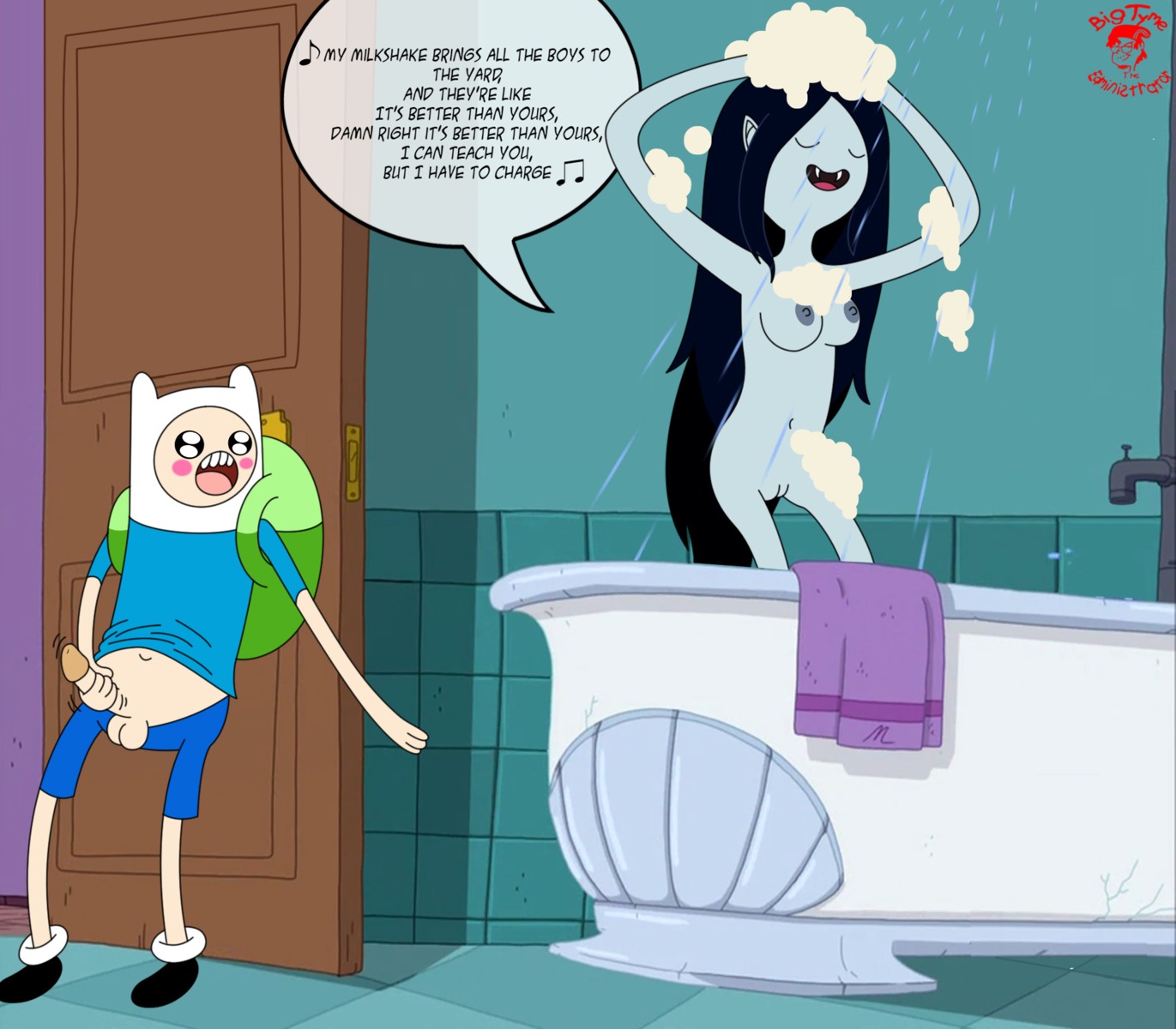 1boy 1girls adventure_time backpack bag bigtyme black_hair blonde_hair canonical_scene cartoon_network cleft_of_venus clothed_male_nude_female english_text fangs female finn_the_human footwear hair human indoors long_hair male marceline masturbation nude pale_skin peeping_on_marceline pointy_ears rule34 shower text uncensored vampire voyeur watching