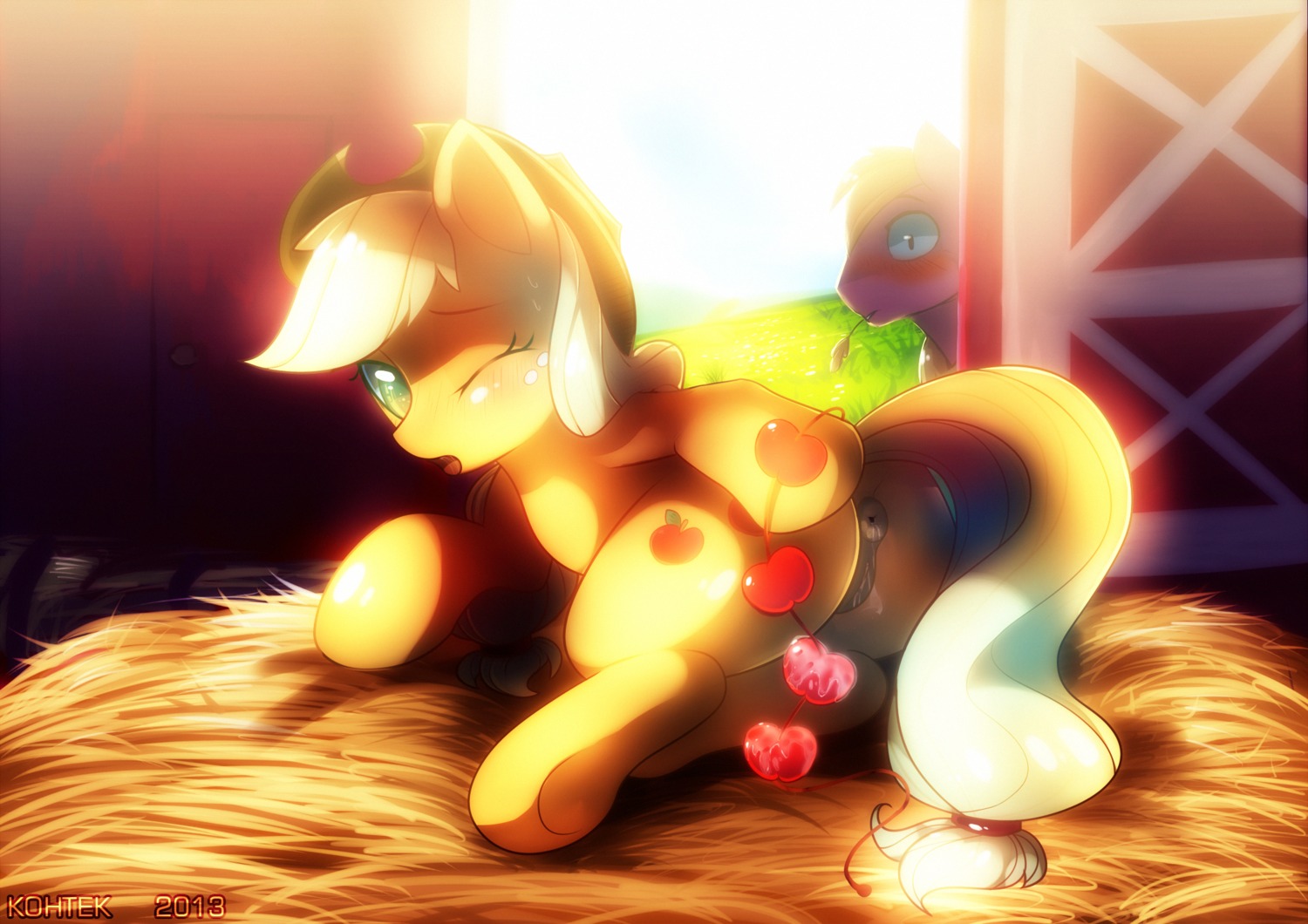 2013 anal_beads anus apple applejack_(mlp) being_watched big_macintosh_(mlp) blonde_hair blush bodily_fluids chewing chewing_grass clothing cowboy_hat cutie_mark duo e621 earth_pony english_text equid equine female feral food freckles friendship_is_magic fruit fur genital_fluids genitals green_eyes hair hasbro hat hay headgear headwear hi_res horse kohtek looking_at_another lying male mammal mouth_hold my_little_pony object_in_mouth on_side one_eye_closed orange_body orange_fur plant pony red_body red_fur sex_toy text vaginal_fluids vulva wheat