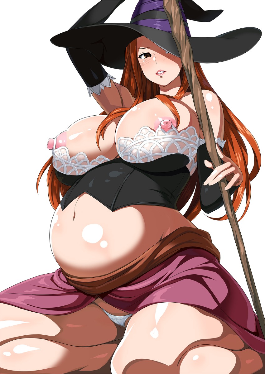 breasts clothing dragon's_crown female highres large_breasts panties pregnant ready_to_pop rule34 shin'ya_(shin'yanchi) solo sorceress_(dragon's_crown) staff vanillaware witch_hat