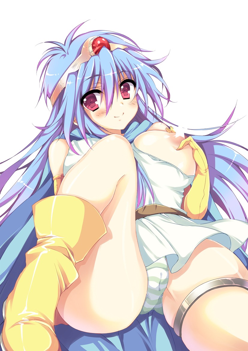 1girls anapom belt blue_hair blush boots breast_slip breasts cameltoe cape censored circlet clothing dragon_quest dragon_quest_iii dress elbow_gloves erect_nipples female gloves huge_breasts medium_breasts nipples one_breast_out panties pussy red_eyes rule34 sage_(dq3) smile star striped_panties underwear