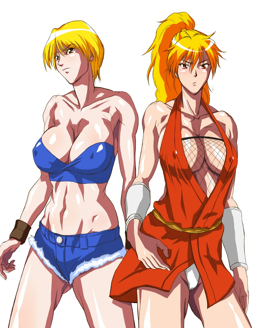 armband blonde_hair blush breasts capcom cleavage collarbone cutoffs denim denim_shorts erect_nipples female final_fight final_fight_3 fishnets gloves hotpants large_breasts long_hair lucia_morgan maki_genryusai multiple_females multiple_girls nanasi nanasi-nanasi ninja nipples no_bra panties ponytail red_eyes rule34 short_hair short_shorts shorts tied_hair tubetop underwear vambraces white_panties