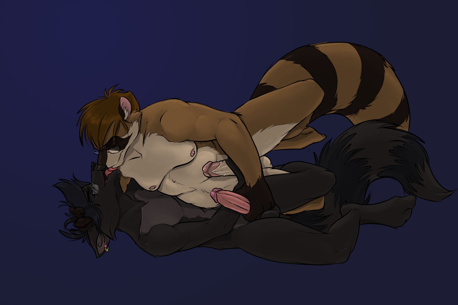 2011 absurd_res anthro balls black_body black_fur black_hair brown_body brown_fur canid canine conditional_dnp darkfox duo e621 erection eyes_closed eyewear fox fur genitals glasses hair hammytoy handjob hi_res humanoid_genitalia humanoid_penis kissing lying male male/male mammal nude on_back penile penis procyonid raccoon sex slightly_chubby tail