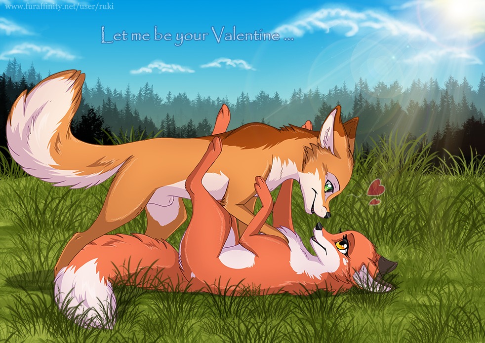 2014 abby_(rukifox) animal_genitalia black_nose brown_body brown_fur canid canine cloud digital_media_(artwork) duo e621 female feral fox fully_sheathed fur genitals grass green_eyes heart_symbol holidays legs_up lying male male/female mammal on_back on_grass on_ground outside plant quadruped red_body red_fur rick_(rukifox) romantic romantic_couple rukifox sheath sky text url valentine's_day yellow_eyes