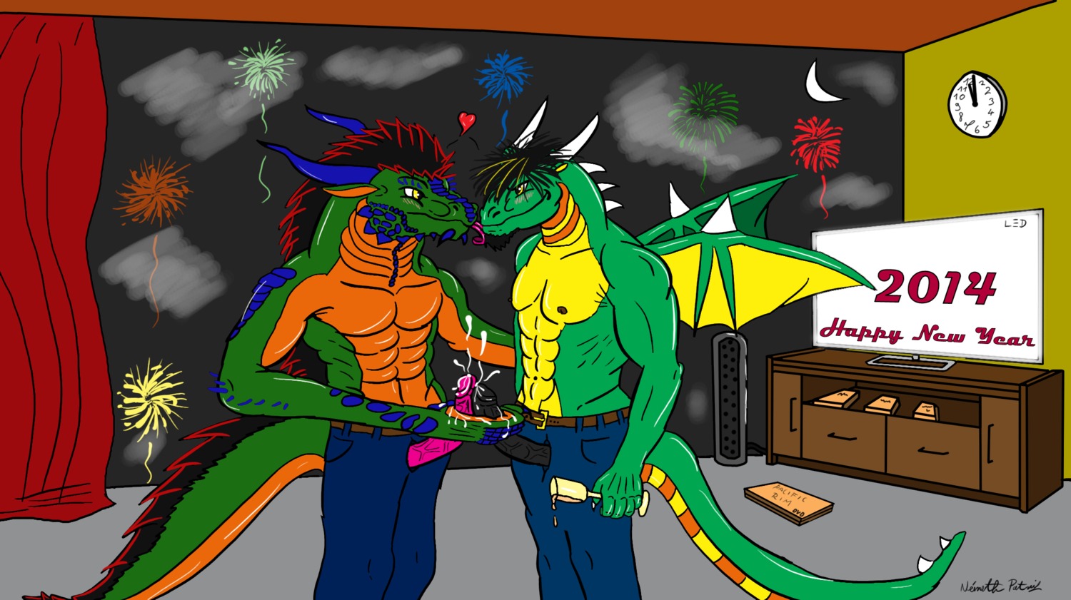 anthro anthro_on_anthro blush bodily_fluids cum dragon duo e621 english_text erection genital_fluids genitals heart_symbol hi_res holiday_message holidays love male male/male membrane_(anatomy) membranous_wings mythological_creature mythological_scalie mythology new_year penis predator-zilla scalie sex small_wings tail text vein veiny_penis wanderer1988 wings